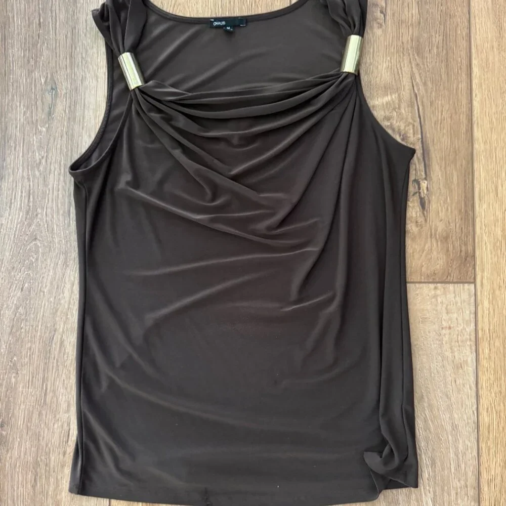 Chaus Brown Sleeveless Top with Gold Trim Accents on Shoulder. Women’s Size Med. - Picture 3 of 8
